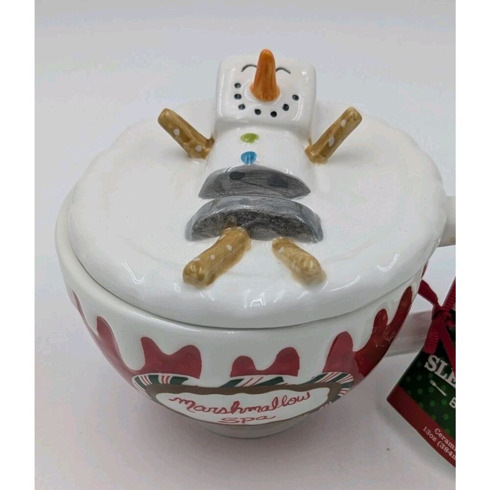 Blue Sky Heather Goldminc Marshmallow Spa Snowman Mug w/ Lid 13oz Sleigh Bell...